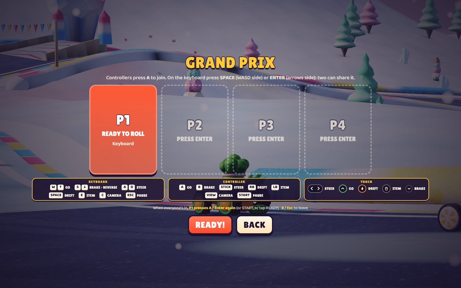 Grand Prix join screen: up to four players, controller, keyboard or touch