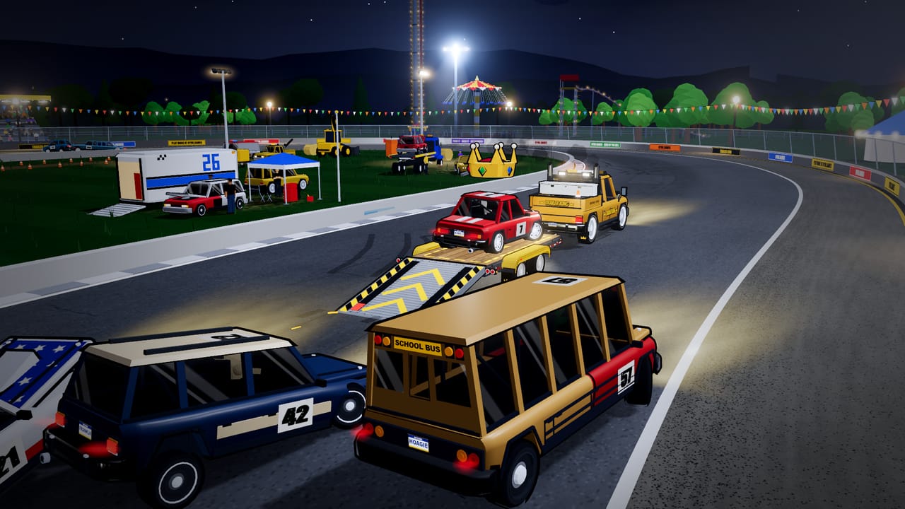 Night at The Oval: a crowd of cars round the trailer, sparks flying