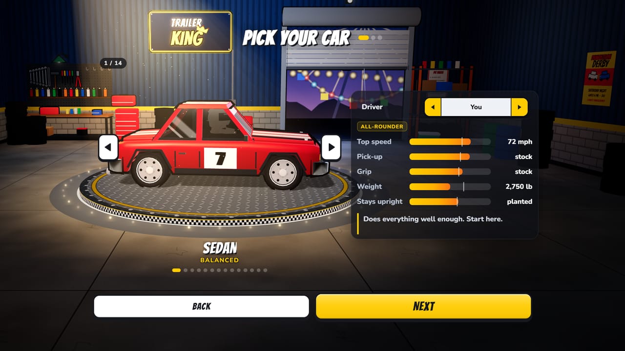 The garage: pick your car, with its stats