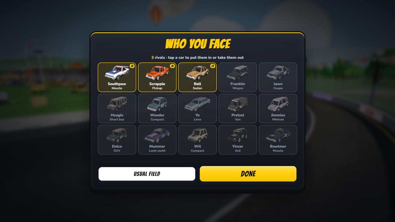 Who you face: pick your rivals from fifteen drivers